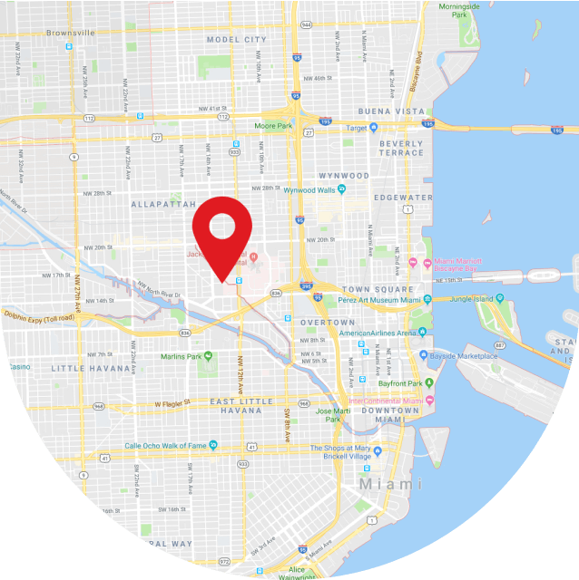 Map of Miami with red pin to show where Travel agents can be found